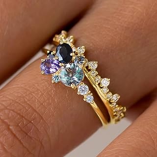 Delicate Gold Color Stackable Rings Bright Cubic Zirconia for Women 2 Pieces Bridal Jewelry Set