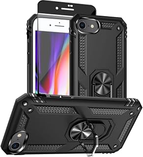 for iPhone SE 3/2 (2022/2020), iPhone 8/7 Case with HD Screen Protector, 4.7-Inch [Military Grade 16ft. Drop Tested] Ring Shockproof Protective Phone Case Black