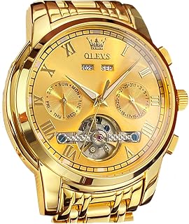 OLEVS Mens Automatic Mechanical Tourbillon Watches Stainless Steel Double Calendar Waterproof Luminous Wrist Watch ALL GOLD Modern