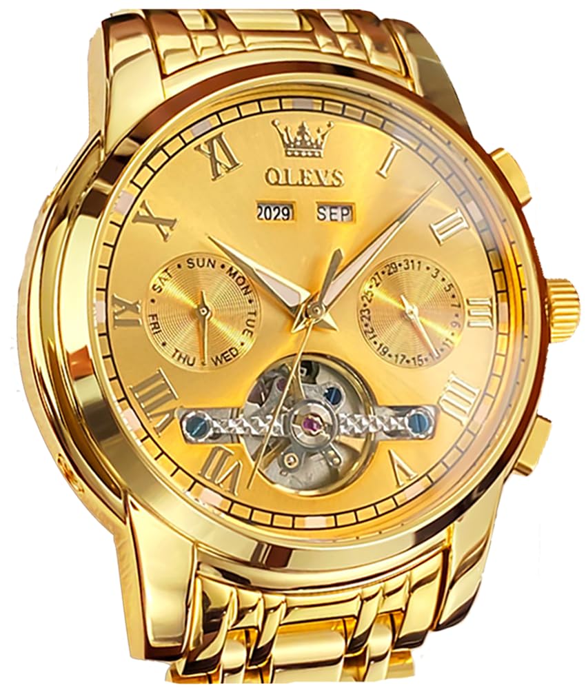 OLEVS Mens Automatic Mechanical Tourbillon Watches Stainless Steel Double Calend