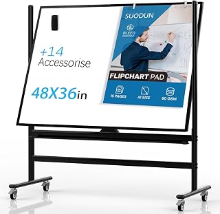suodun Mobile Rolling Whiteboard on Wheels 48" x 36" Double-Sided Magnetic | One-Piece Seamless Dry Erase Board with Aluminium Frame Stand, 3-Level Height Adjustable for Office, Classroom & Home (Black)