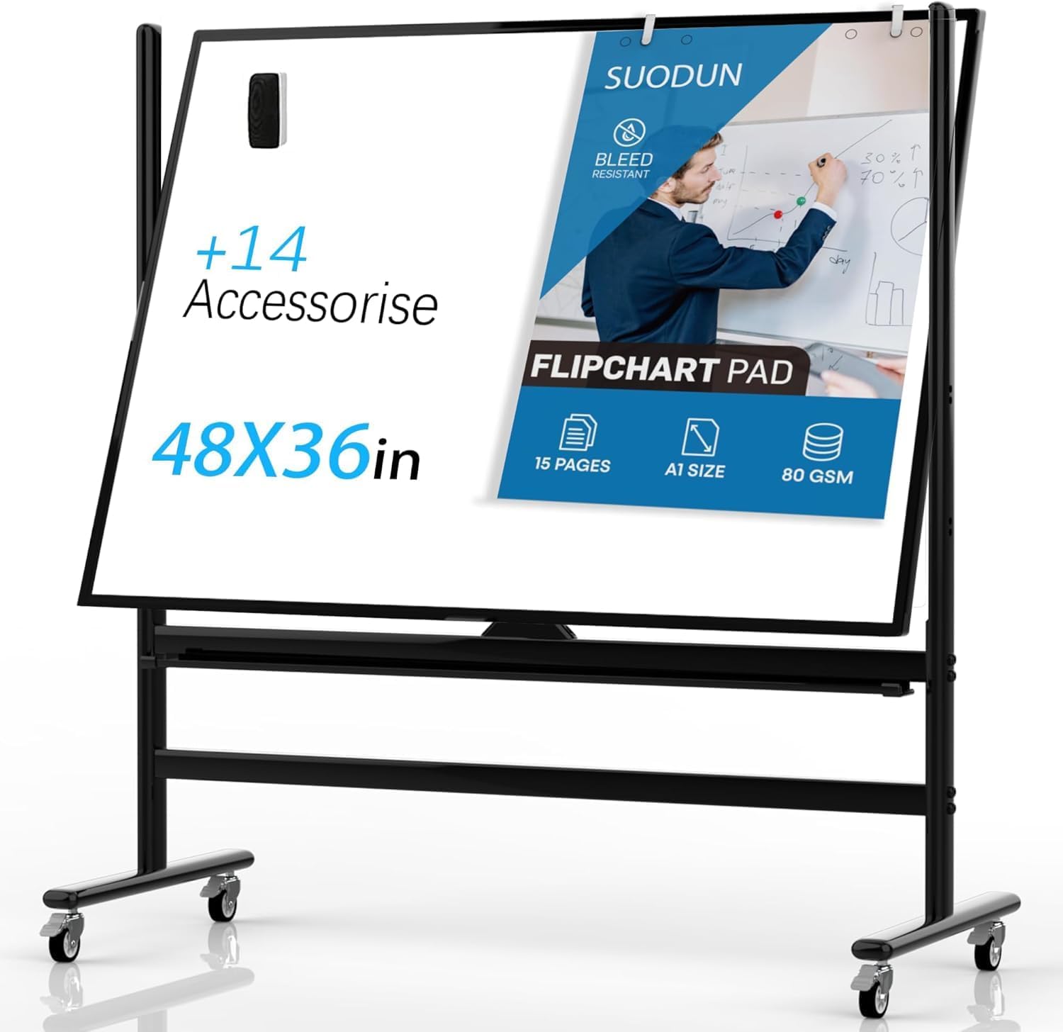 suodun Mobile Rolling Whiteboard on Wheels 48" x 36" Double-Sided Magnetic | One