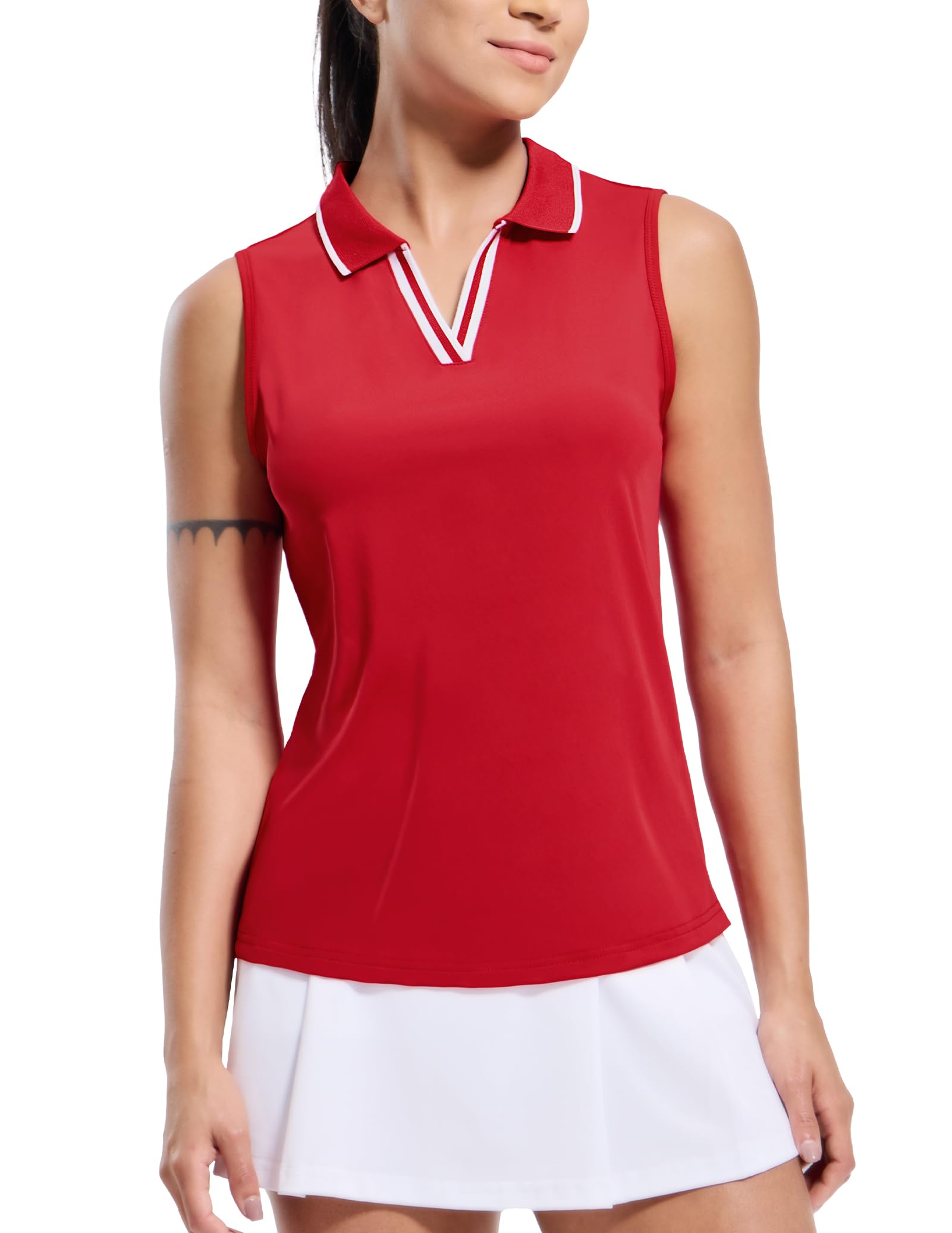 MIER Women's Sleeveless Golf Polo Shirt V Neck Ribbed Moisture Wicking