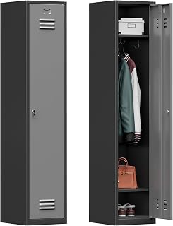 Metal Lockers for Employees with Keys, 71" Tall Steel Storage Cabinet with Lockable Door, Metal Storage Locker for School Office Gym (1-Door, Black&Grey)