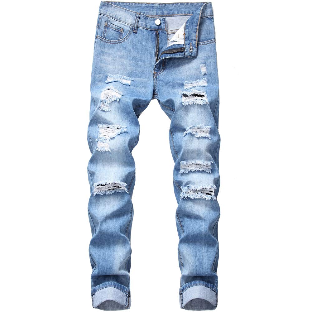 LZLER Mens Ripped Jeans,Distressed Destroyed Slim Fit Straight Leg Denim Pant wi