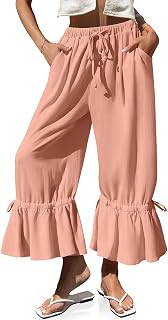 TARSE Womens Linen Wide Leg Pants Ruffled Casual Drawstring with Pockets
