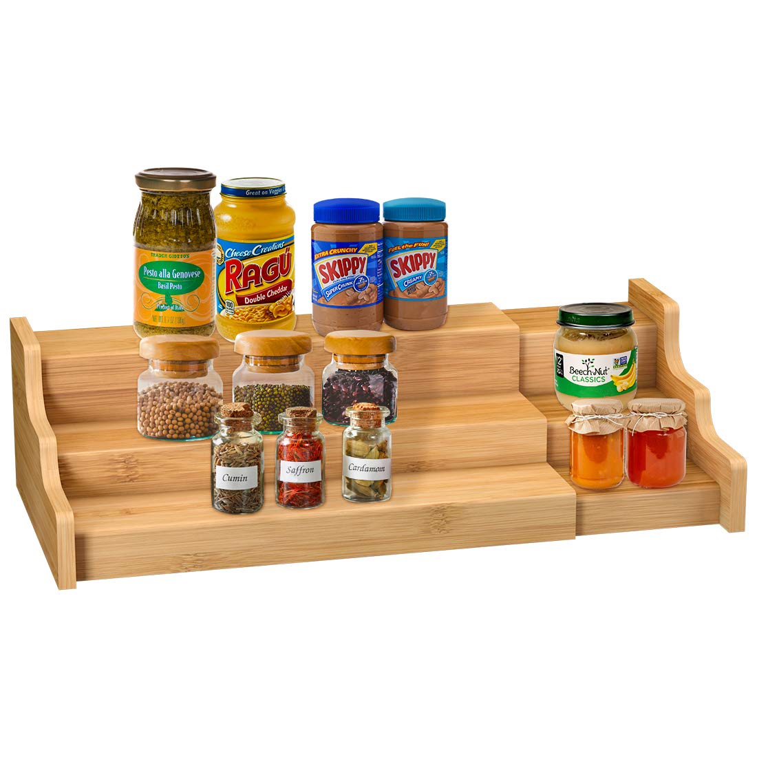 Spice Rack Kitchen Cabinet Organizer- 3 Tier Bamboo Expandable Display Shelf Yel
