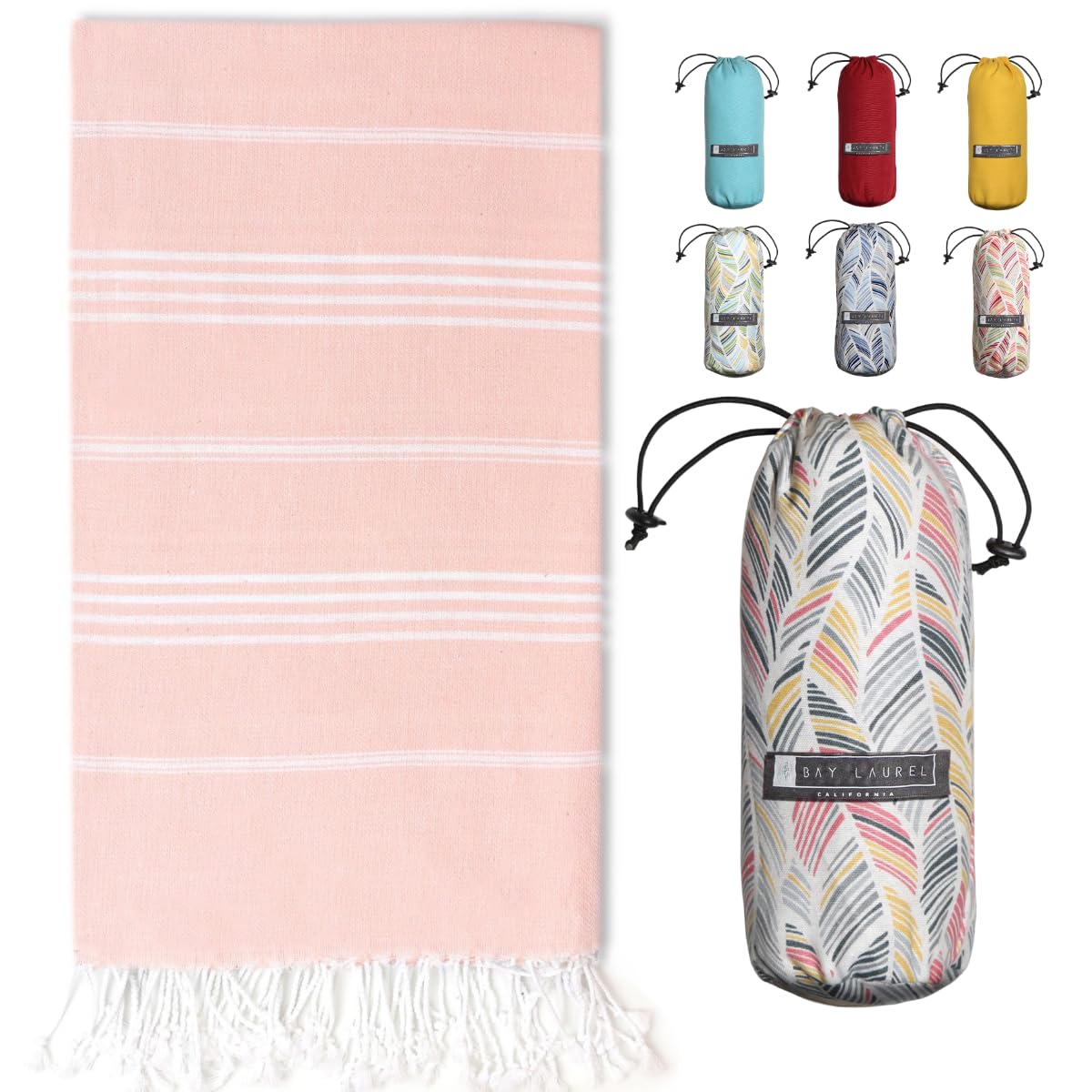 BAY LAUREL Turkish Beach Towel with Travel Bag 39 x 71 Quick Dry Sand Free Light