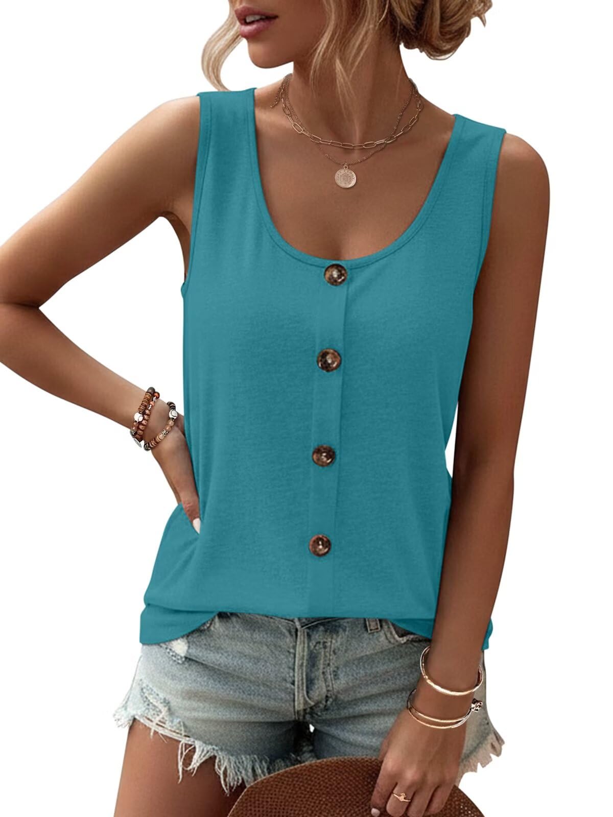 TICTICMIMI Women Tank Tops Buttons Sleeveless Summer Scoop Neck Shirt