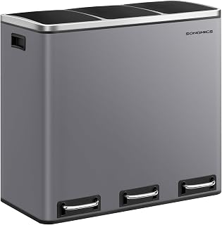 SONGMICS Kitchen Bin, 3 Compartment Rubbish Bin, 3 x 18 L, Steel, Pedals