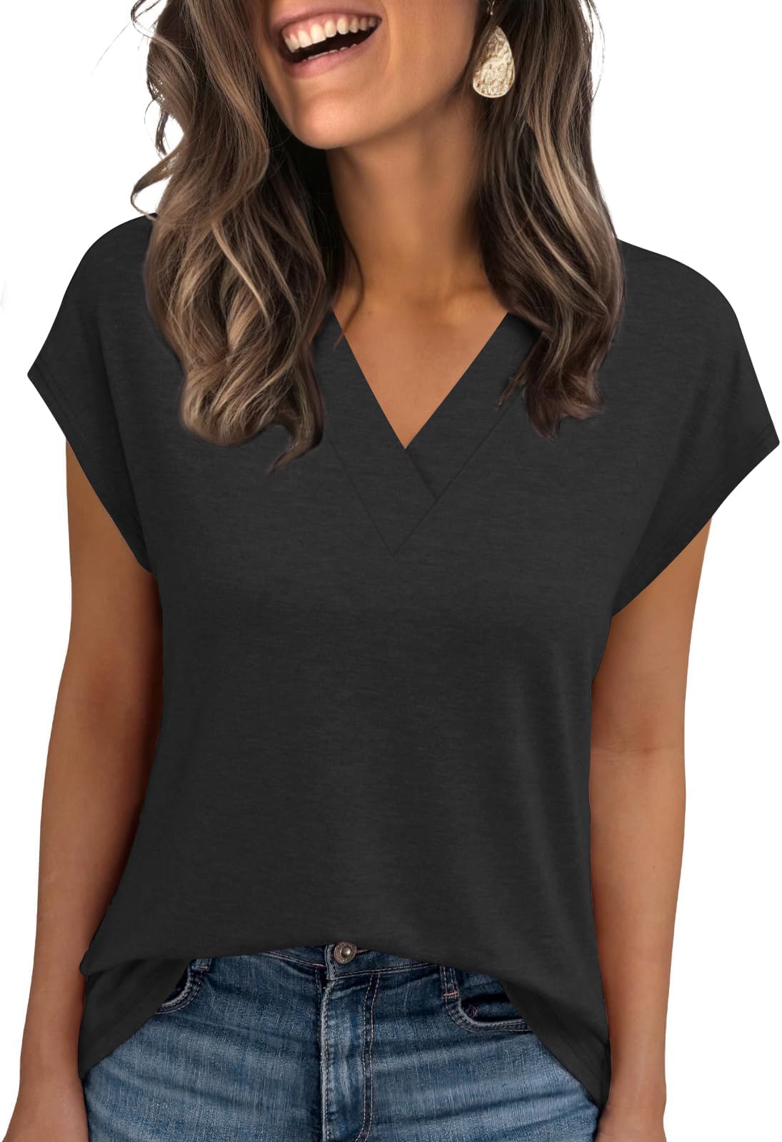 Womens Summer Tops Casual Spring V Neck T Shirts Cap Sleeve Basic Trendy Blouses