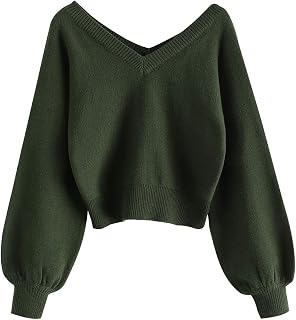 ZAFUL Women Long Sleeve Double V Neck Lantern Short Sleeve Sweater Sweater