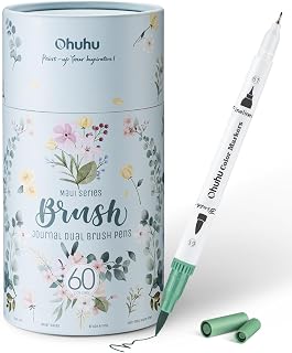 Ohuhu Adult Coloring Book Markers 60 Colors Dual Tip Water-Based-Maui-White | No Bleed Coloring Markers Fineliner &amp; Brush Drawing Pens Art Pens for Kids Adults Sketch Journal