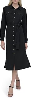 DKNY Women's Long Sleeve Collared Tie Waist Midi Shirtdress