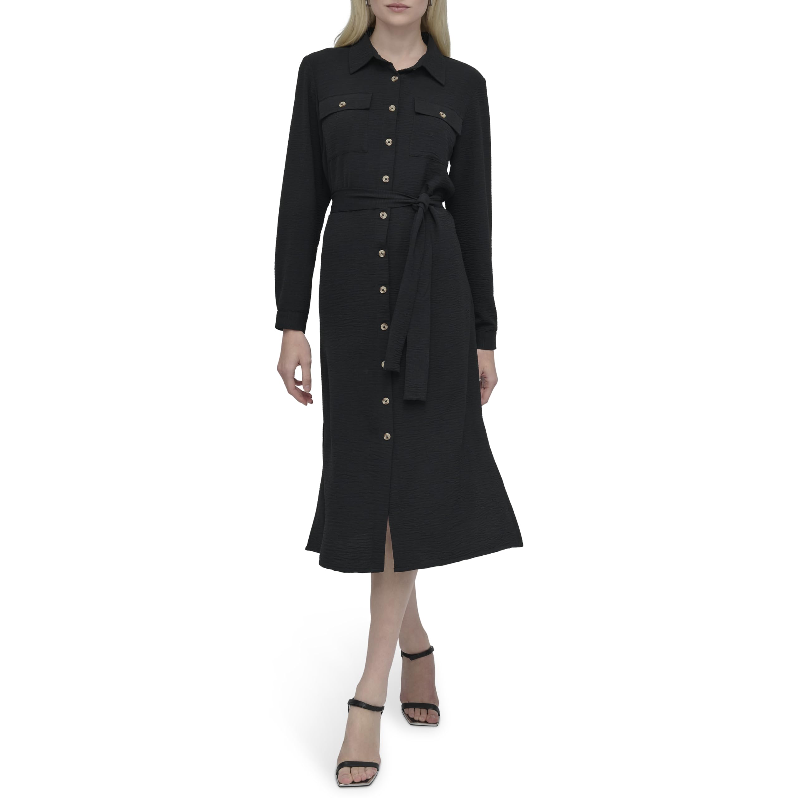 DKNY Women's Long Sleeve Collared Tie Waist Midi Shirtdress