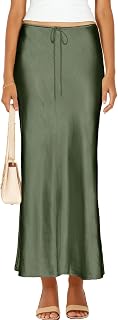Womens Satin Silk Maxi Skirts Drawstring Flared Casual A-Line Leopard Print Long Skirt for Women