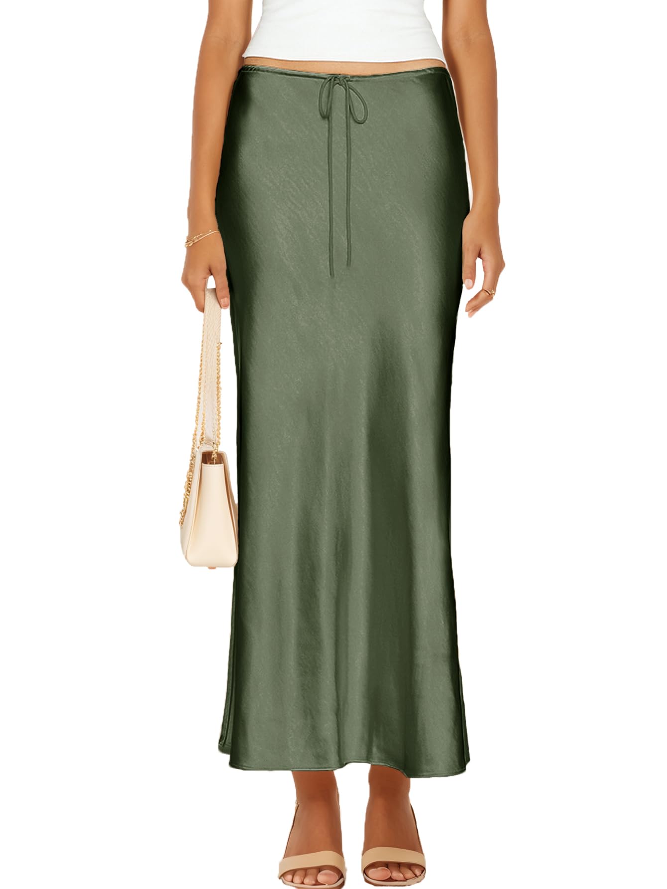 Womens Satin Silk Maxi Skirts Drawstring Flared Casual A-Line Leopard Print Long