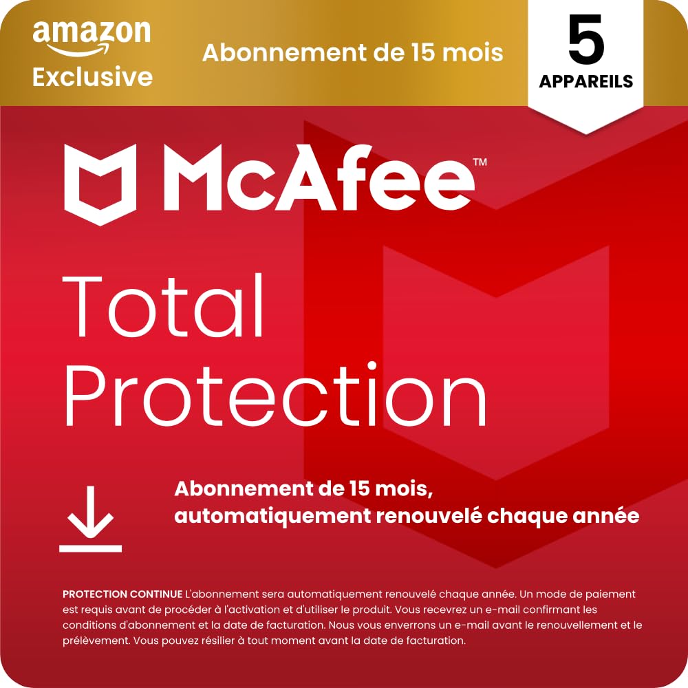 McAfee Total Protection 5 Appareils 2026, 15 mois | Amazon Exclusivité, Antiviru