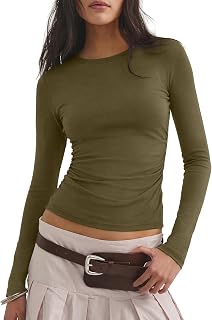 Darong Womens Long Sleeve Basic Shirt Crew Neck Ruched Fitted Fall Tops