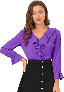 Allegra K Women Elegant Ruffle V Neck Sleeve Blouse for Business Work