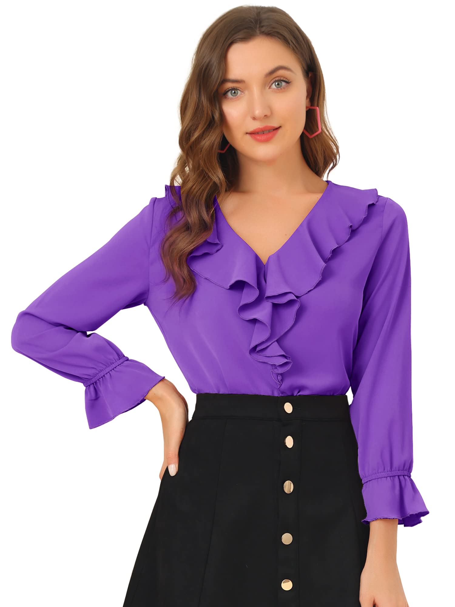 Allegra K Women Elegant Ruffle V Neck Sleeve Blouse for Business Work