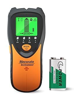 Mecurate 5-in-1 Stud Finder Wall Scanner for Studs, Metal & Live AC Wires | Easy-to-read graphical LCD & audio alerts; Standard, Deep, Metal & AC modes; 9V battery and carrying pouch included.
