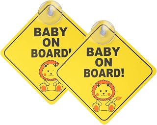 kuou Baby on Board Car Sign, 2 Pack, Yellow, Suction Cup | PVC material, reusable suction cups, waterproof, bright yellow design, leaves no residue