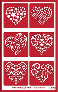 Over'N'Over Reusable Glass Etching Stencils – Durable Self-Stick Designs for Glass, Mirrors, and Ceramics with Armour Etch Cream – 5" x 8" Stencil Sheet - Six Hearts