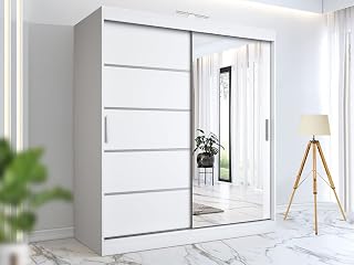 RAC3 Wardrobes for Bedroom with Mirrored Sliding Door & LED Light Premium Wardrobe Storage with Sleek Design comes in Colours Black/White/Grey/Oak- Different Sizes from 120cm - 250cm (White, 120cm)