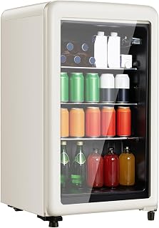 HAILANG 130 Can Retro Beverage Refrigerator, Fridge with Glass Door, White | 3.2 Cu.Ft beverage fridge for Soda Beer, Adjustable Shelving&Adjustable Foot, Thermostat, Home Office Use, LED Light