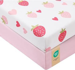 VivaCozy Pack and Play Sheets Fitted, Mini Crib Sheets 38x26 Inch for Pack N Play Mattress, 2-Pack Playard Sheets, Super Soft Breathable Microfiber Playpen Sheets, Strawberry, Pink