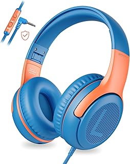 awatrue AT2 Kids Headphones for School with Mic, 85/94dB Safe Volume Limit | 3.5mm Jack, HD Mic, Portable Wired Headphone with Shareport, Stereo Sound On-Ear Headphones for Toddler Girls Boys BlueOrange