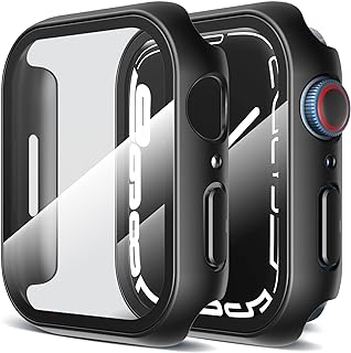 LK 2 Pack Hard PC Case with Tempered Glass Screen Protector Compatible for Apple Watch Series 9/8/7 45mm, Touch Sensitive, HD Ultra-Thin, Full Protective Cover for iWatch 9/8/7 45mm, Black