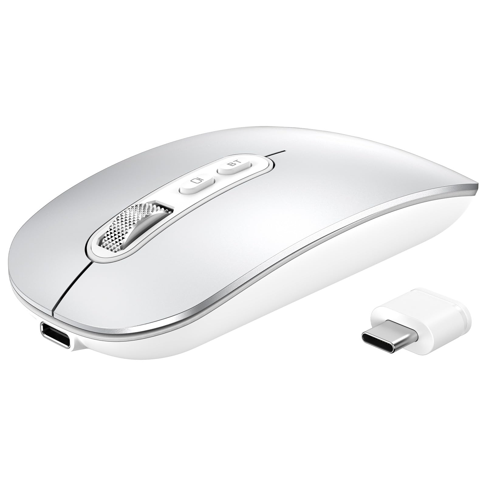 PINKCAT Wireless Mouse, Dual Mode Rechargeable USB C Mouse, Silver