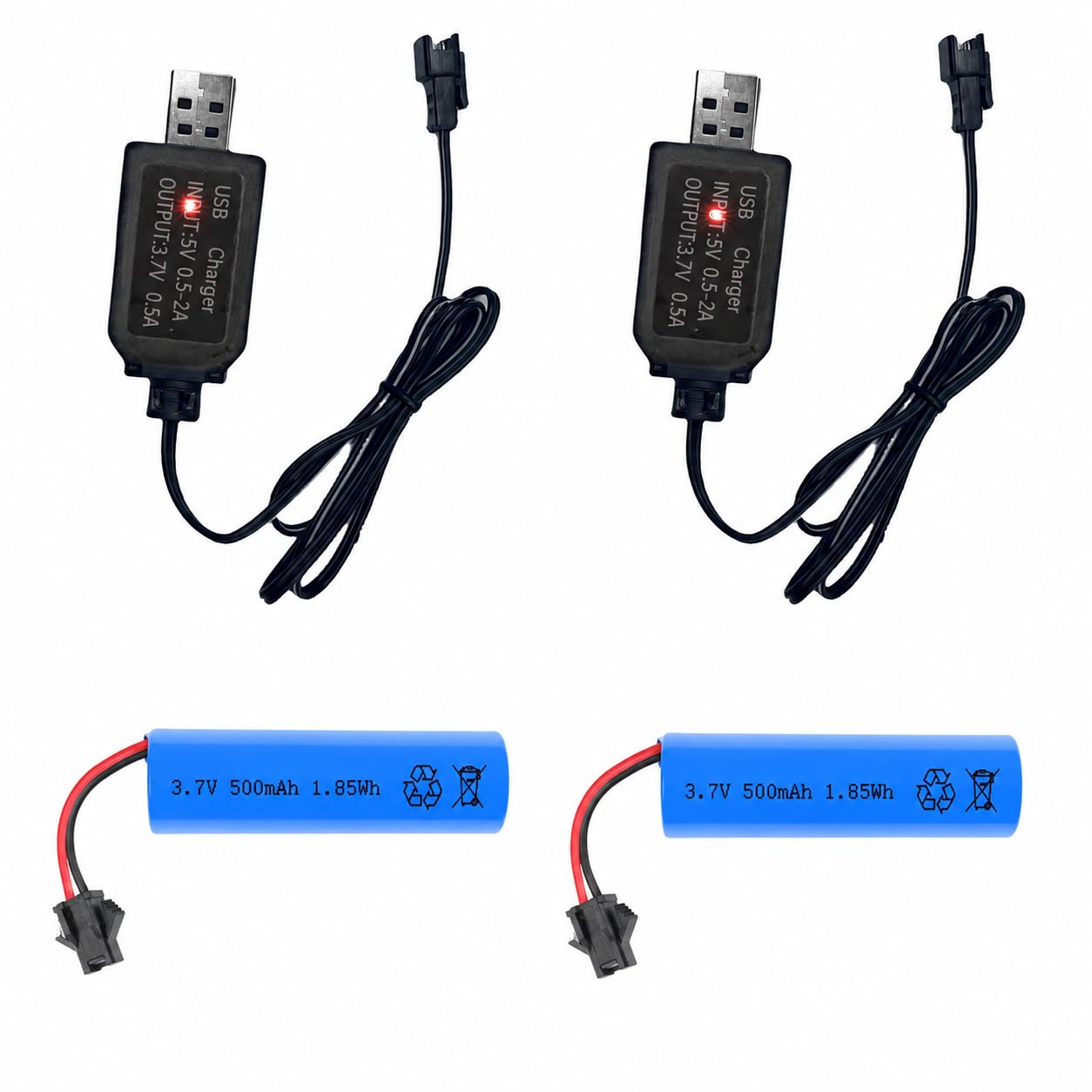 2 Pack 3.7V 500mAh Rechargeable Batteries with Dual Protection and USB Charger C