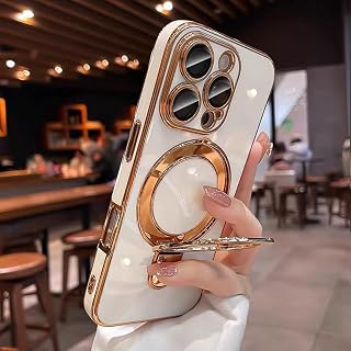 QSIETSPY Magnetic Invisible Stand for iPhone 16 Pro Case 6.3" Compatible with Mag-Safe,Full Camera Lens Protector Soft Plating Phone Case for iPhone 16 Pro,White