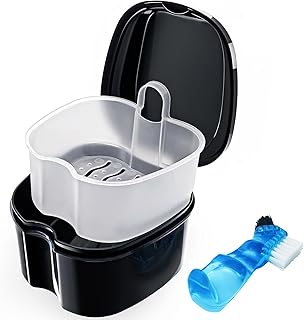 Black Denture Soaking Container Partial Denture Case, Orthodontic Retainer Cleaning Case Denture Cleaner Container Dentures Teeth Cup with Strainer and Lid Waterproof