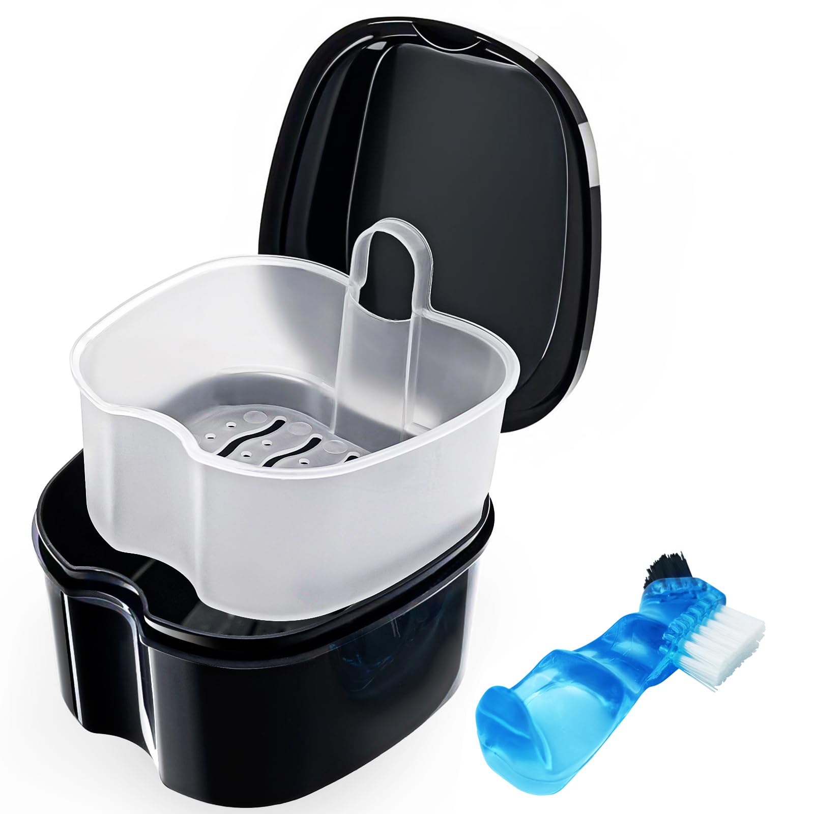 Black Denture Soaking Container Partial Denture Case, Orthodontic Retainer Clean