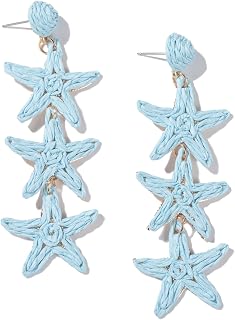 Raffia Starfish Seashell Dangle Drop Earrings Boho Summer Beach Jewelry
