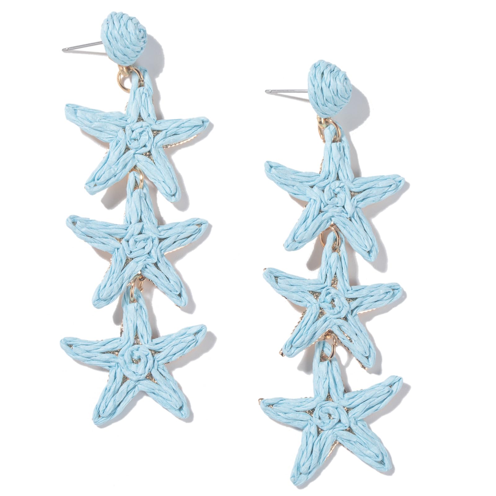 Raffia Starfish Seashell Dangle Drop Earrings Boho Summer Beach Jewelry