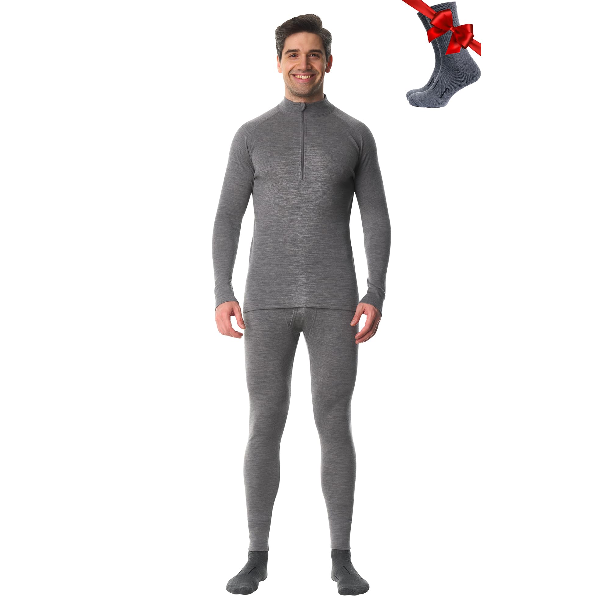 100% Merino Wool Base Layer Mens Set - Quarter Zip Thermal Underwear