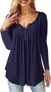 Beluring Women Casual V Neck Tops Long Sleeve Pleated Tunic Tops Shirts Blouse