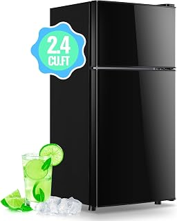 DEMULLER 45L Personal Double‑Door Mini Fridge With Freezer, Black | 2.4 Cu.ft, Tiny Size, 7‑Level Adjustable Thermostat, Small Refrigerator for Dorm, Bedroom, Office & Apt, Single‑Person Use