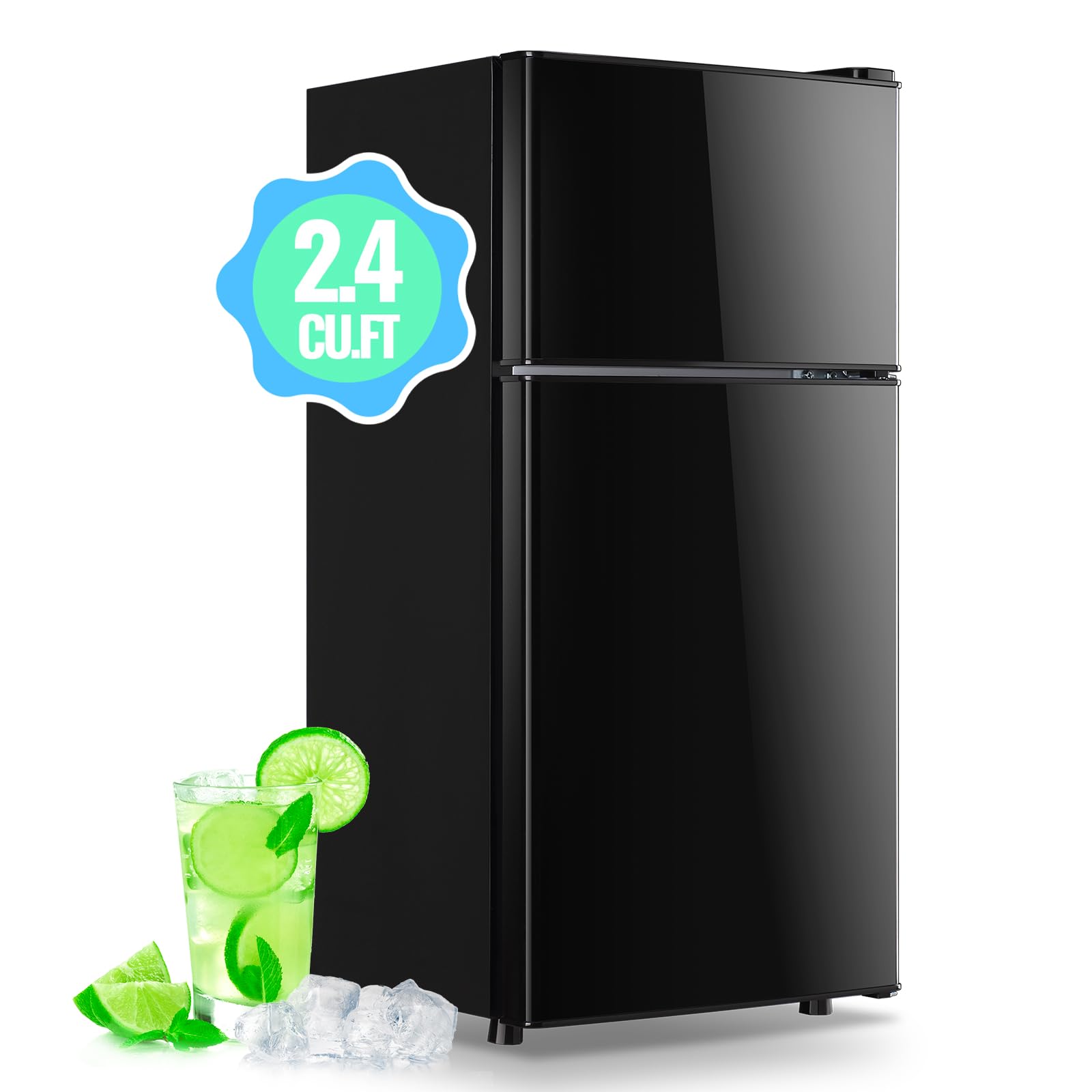 DEMULLER 45L Personal Double‑Door Mini Fridge With Freezer, Black | 2.4 Cu.ft, T