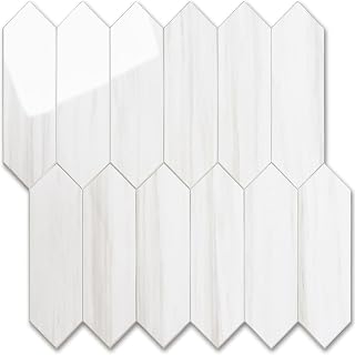 Vamos Tile Glossy Dolomite White Backsplash Tile Peel and Stick, 12.8 x 12.8 Inch 10 Sheets Long Hexagon PVC Self Adhesive Mosaic Wall Tiles Stick on Backsplash for Kitchen and Bathroom