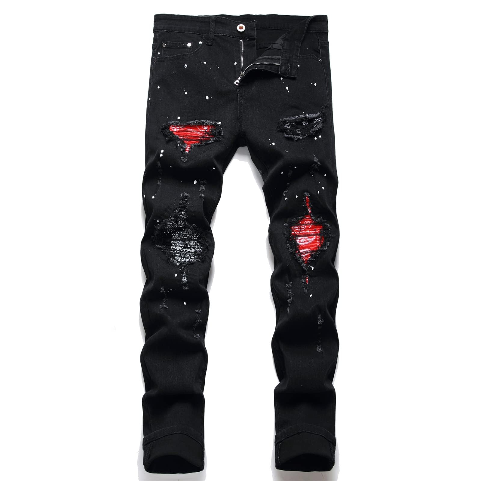 OIIIO Mens Rip Stretch Regular Fit Patch Jeans