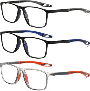 3 Pack TR90 Sports Reading Glasses for Men Blue Light Blocking With Spring Hinges Rectangle Lightweight Flexible and Trendy Design Anti UV/Eyestrain/Glare Computer Readers