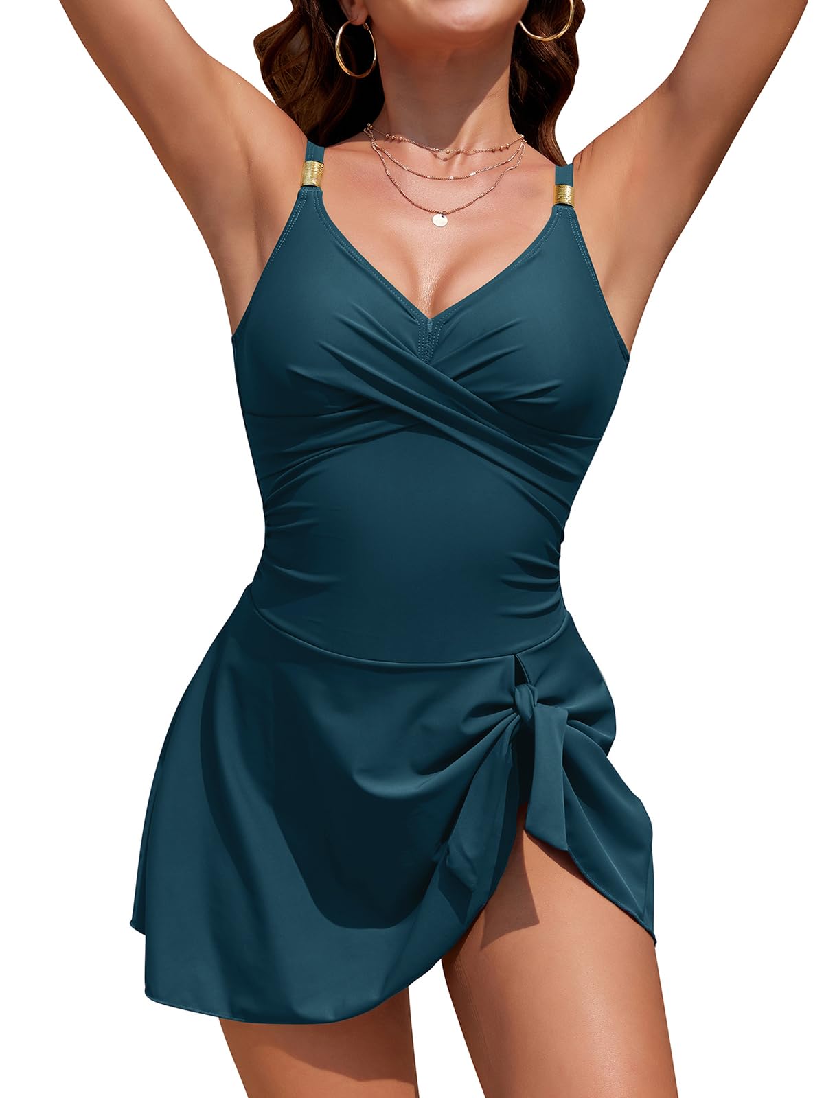 SHEKINI Maillot de Bain Femme 1 Pièces avec Jupe Col en V Swimwear avec Bretelle