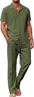 COOFANDY - Conjunto de 2 piezas de lino para hombre, camisa con botones y pantalones holgados informales, Verde militar, XX-Large