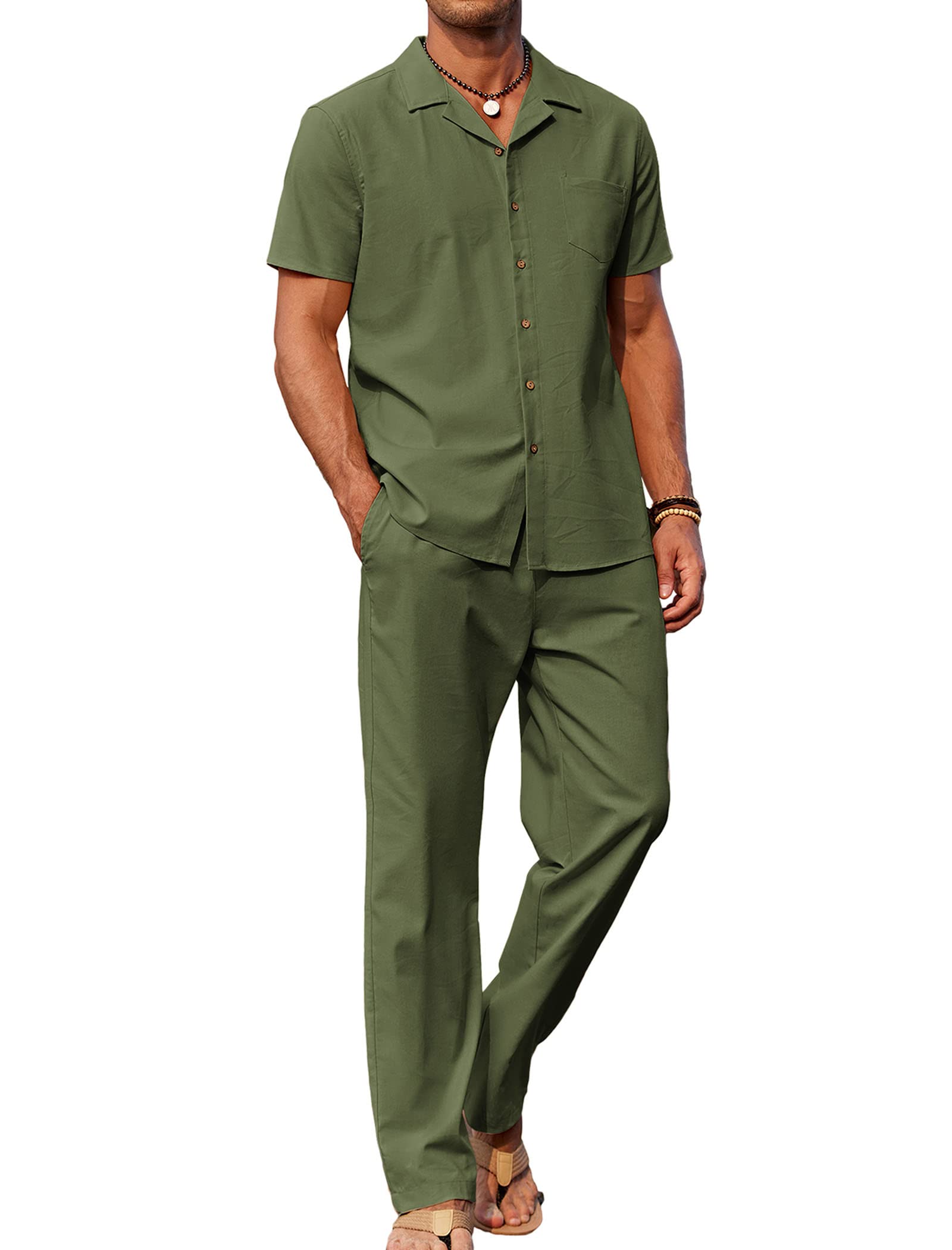 COOFANDY - Conjunto de 2 piezas de lino para hombre, camisa con botones y pantal